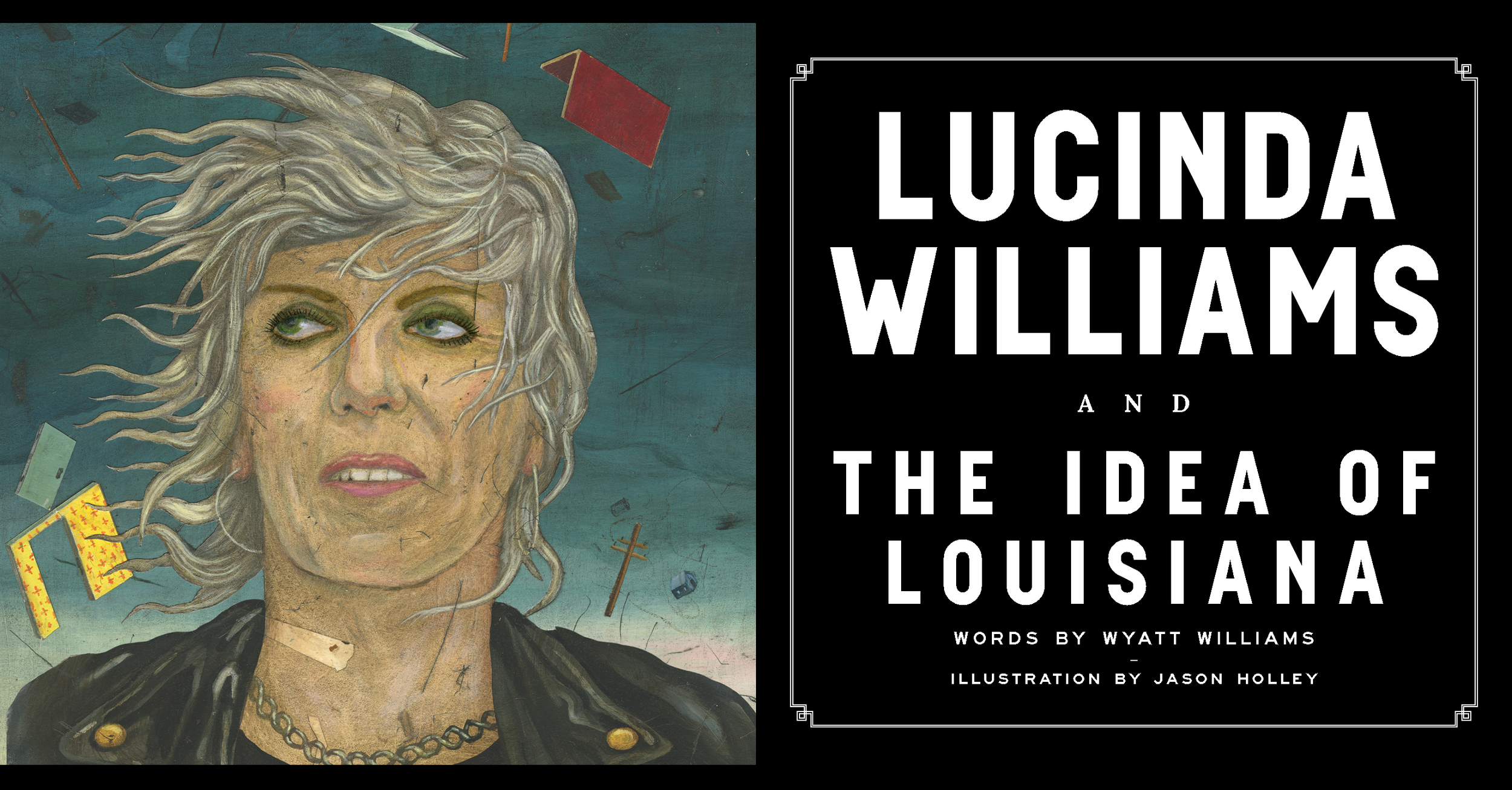 Painting of singer Lucinda Williams with books floating in the air around her