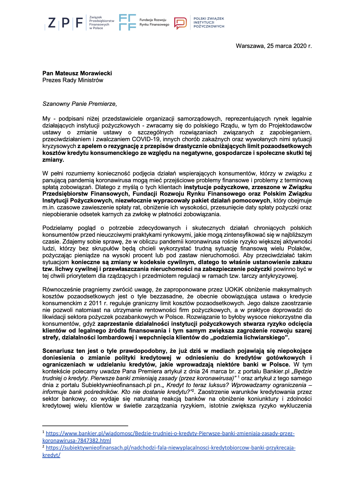 Apel branży pożyczkowej do Prezesa Rady Ministrów
