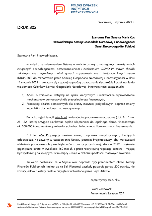 » Pismo PZIP do Druku 303 - Apel o zniesienie restrykcji na rynku kredytowym