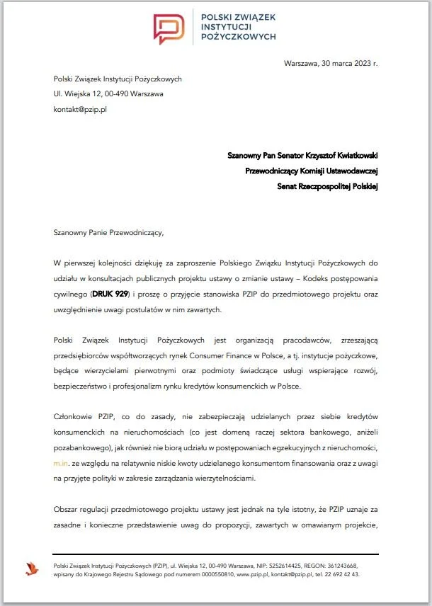 » Stanowisko PZIP do projektu ustawy o zmianie ustawy - Kodeks postępowania cywilnego (druk senacki nr 929)