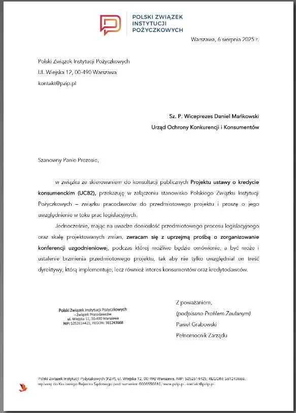 » Stanowisko PZIP do projektu ustawy o kredycie konsumenckim (UC82)
