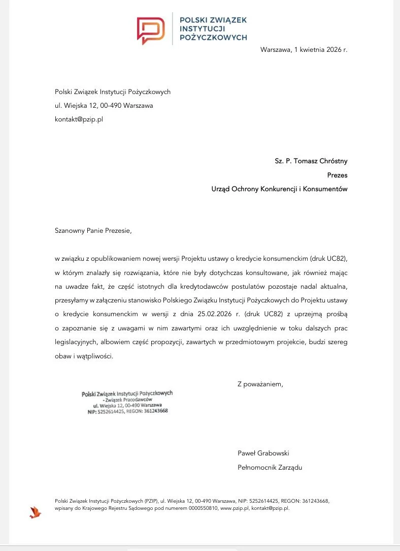 » PZIP przekazał do UOKiK stanowisko ws. nowej wersji projektu ustawy o kredycie konsumenckim