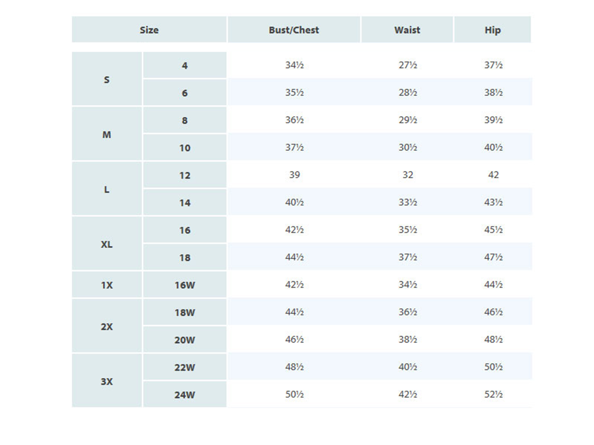 Walmart Women S Size Chart