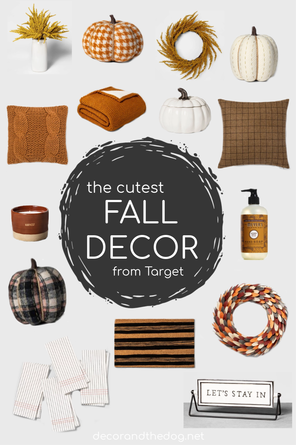 Goldenrod in Ceramic Vase | Knit Houndstooth Pumpkin | Goldenrod Wreath | Knit White Pumpkin | Pumpkin Knit Pillow | Pumpkin Throw | Pumpkin Serving Bowl | Windowpane Pillow | Hearth & Hand Harvest Candle | Mrs. Meyer’s Soap | Plaid Pumpkin | Black & Orange Napkins | Doormat | Wood Slice Wreath | Let’s Stay In