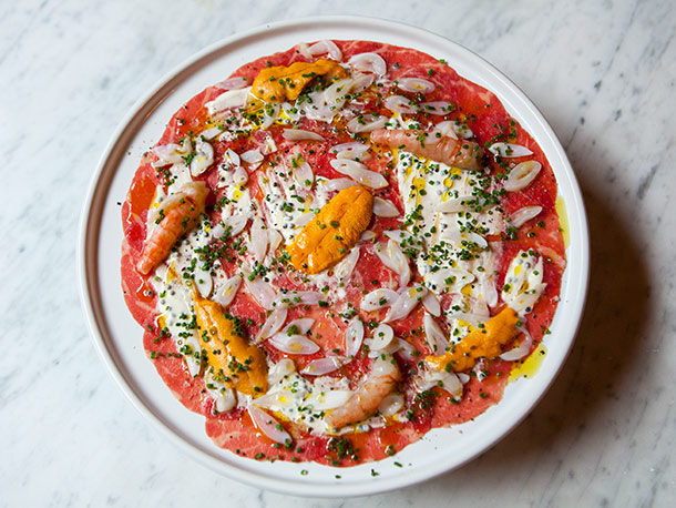 Beef Carpaccio with Uni, Lobster, Caviar & Razor Clams at ZZ's Clam Bar