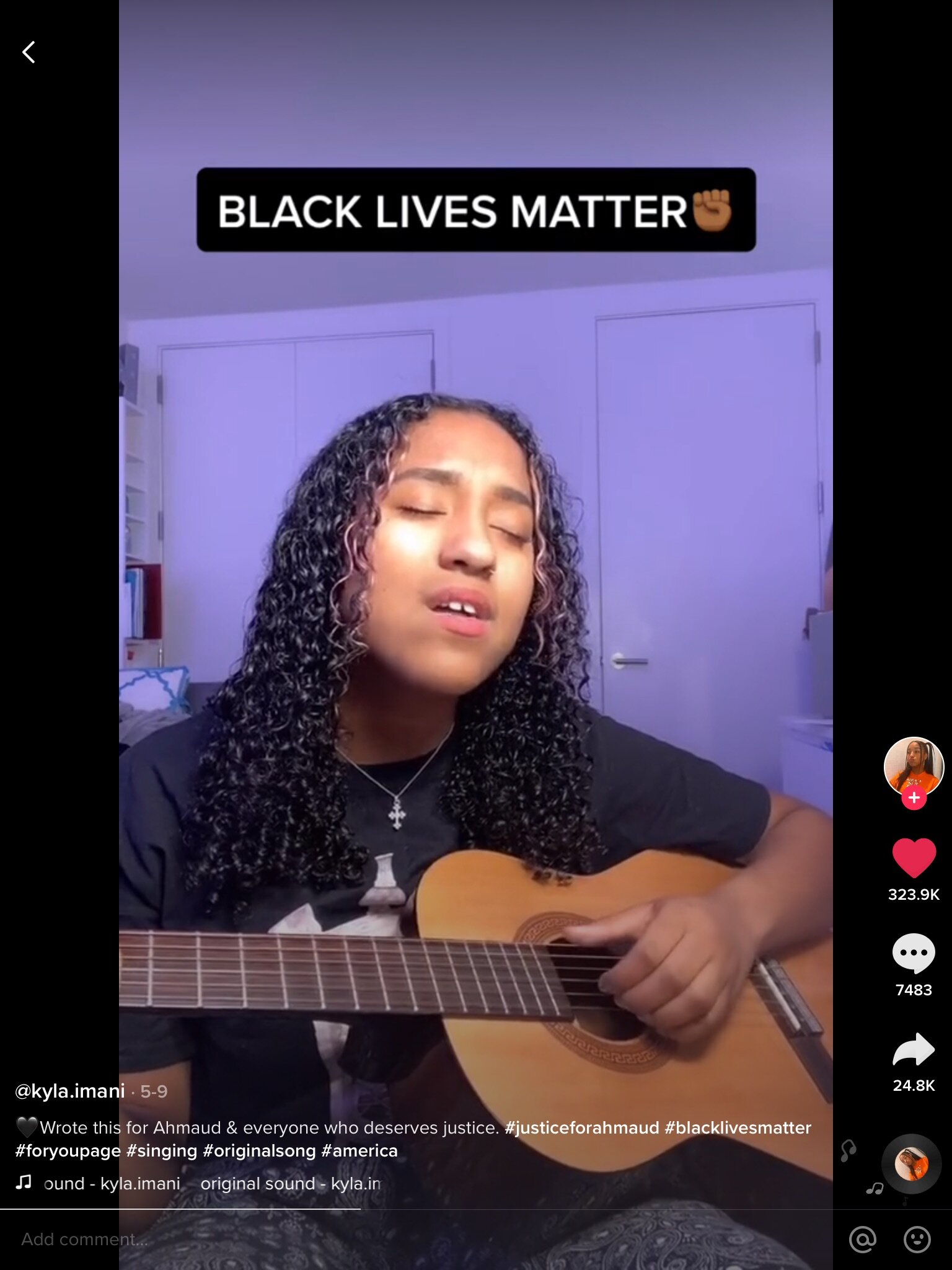 @kyla.imani shares an original song in reaction to the Black Lives Matter movement in May/June 2020