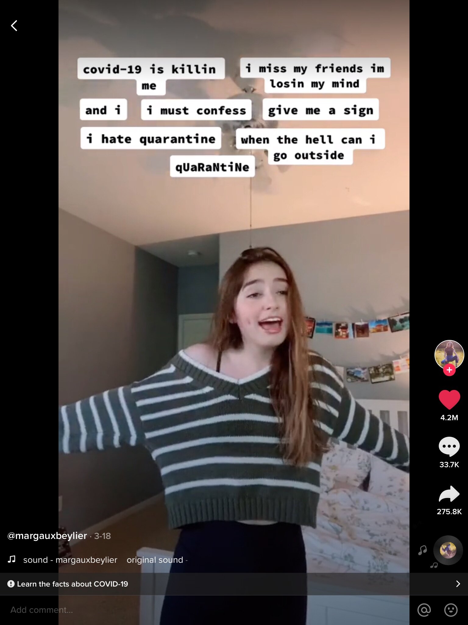 @margauxbeylier covers Britney Spears “Hit Me Baby One More Time” with Covid-19 themed-lyrics, demonstrating Music as Performance.