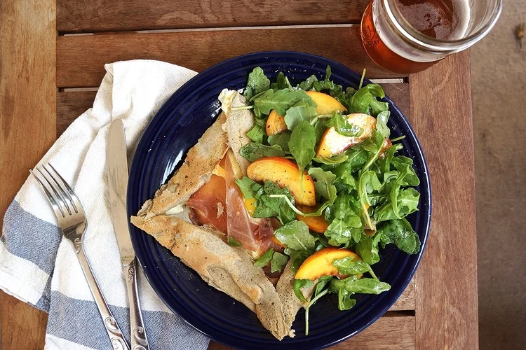 8.29.14 Buckwheat Crepes with Fontina, Prosciutto and Arugula Peach Salad