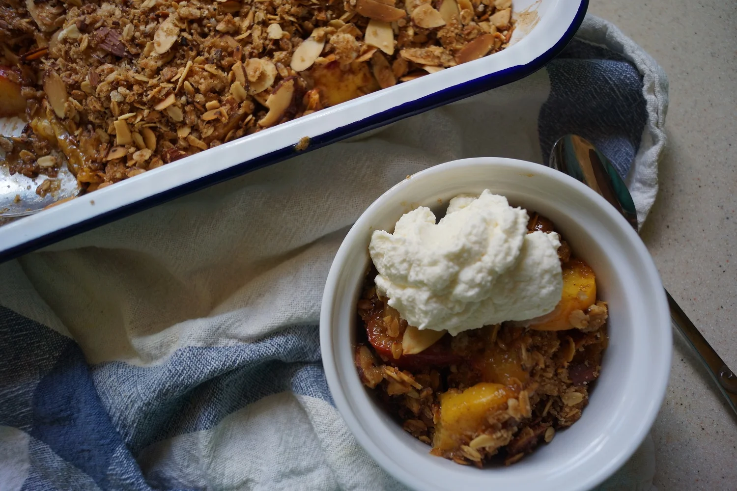 9.9.14 Peach and Toasted Almond Crumble with Mascarpone Whipped Cream