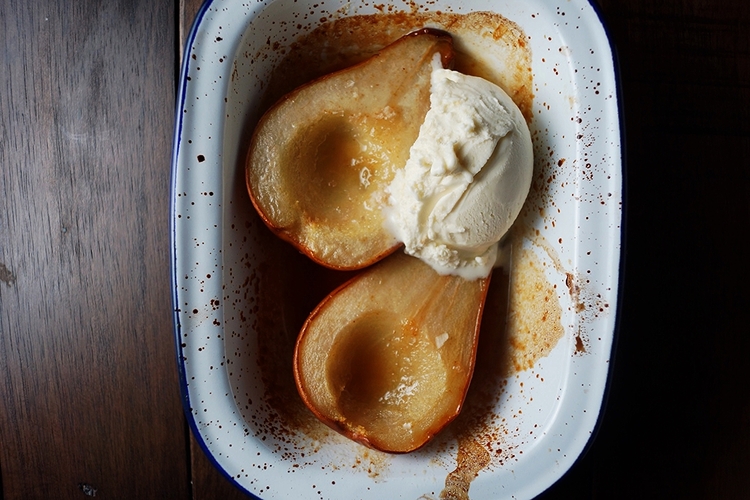 Baked Pears with Apple Cider Caramel Sauce