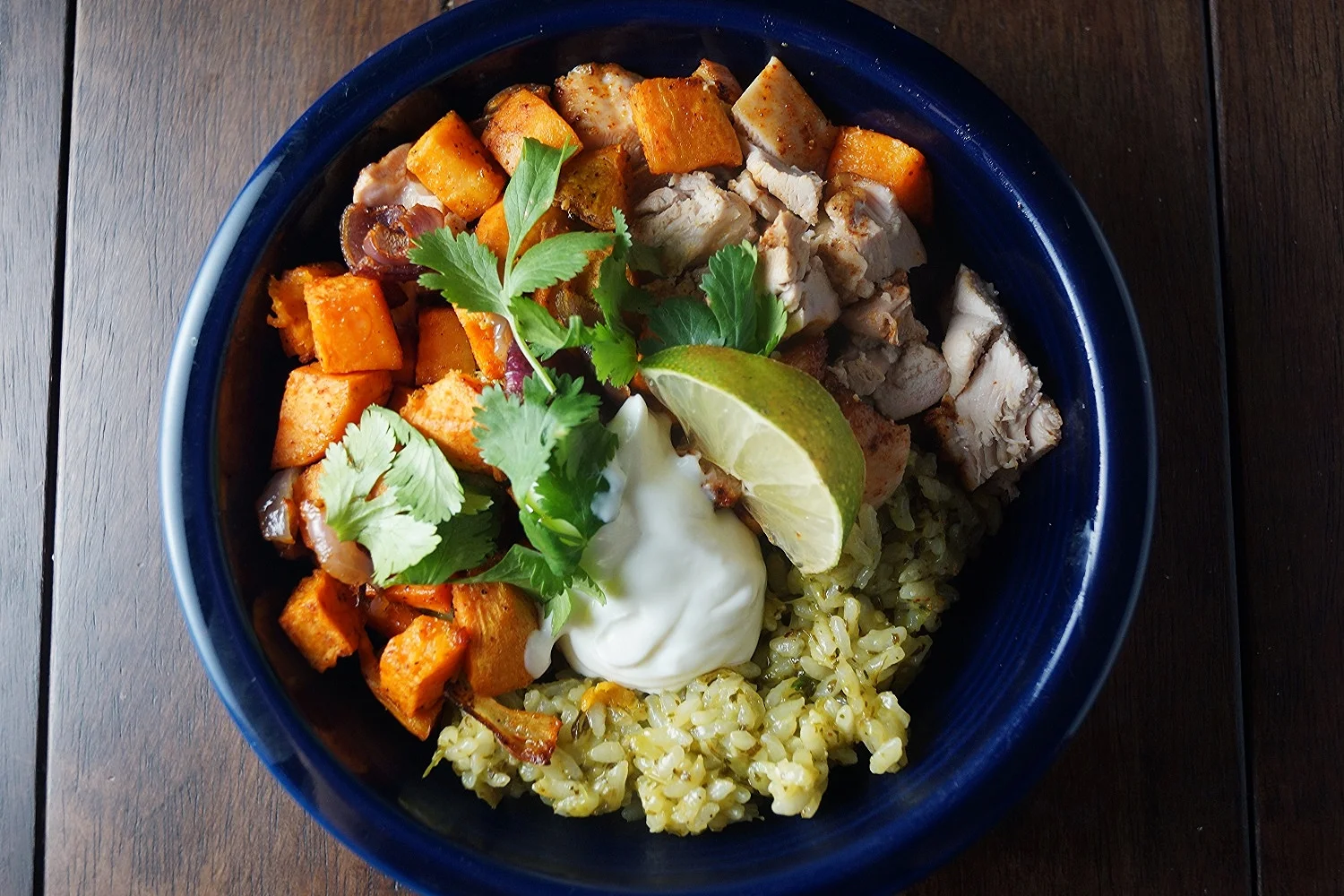 3.27.15 Chile Roasted Chicken and Sweet Potatoes with Cilantro Rice