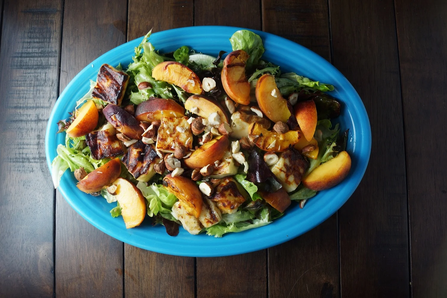 7.10.15 Grilled Peach and Bread Cheese Salad with Basil Vinaigrette