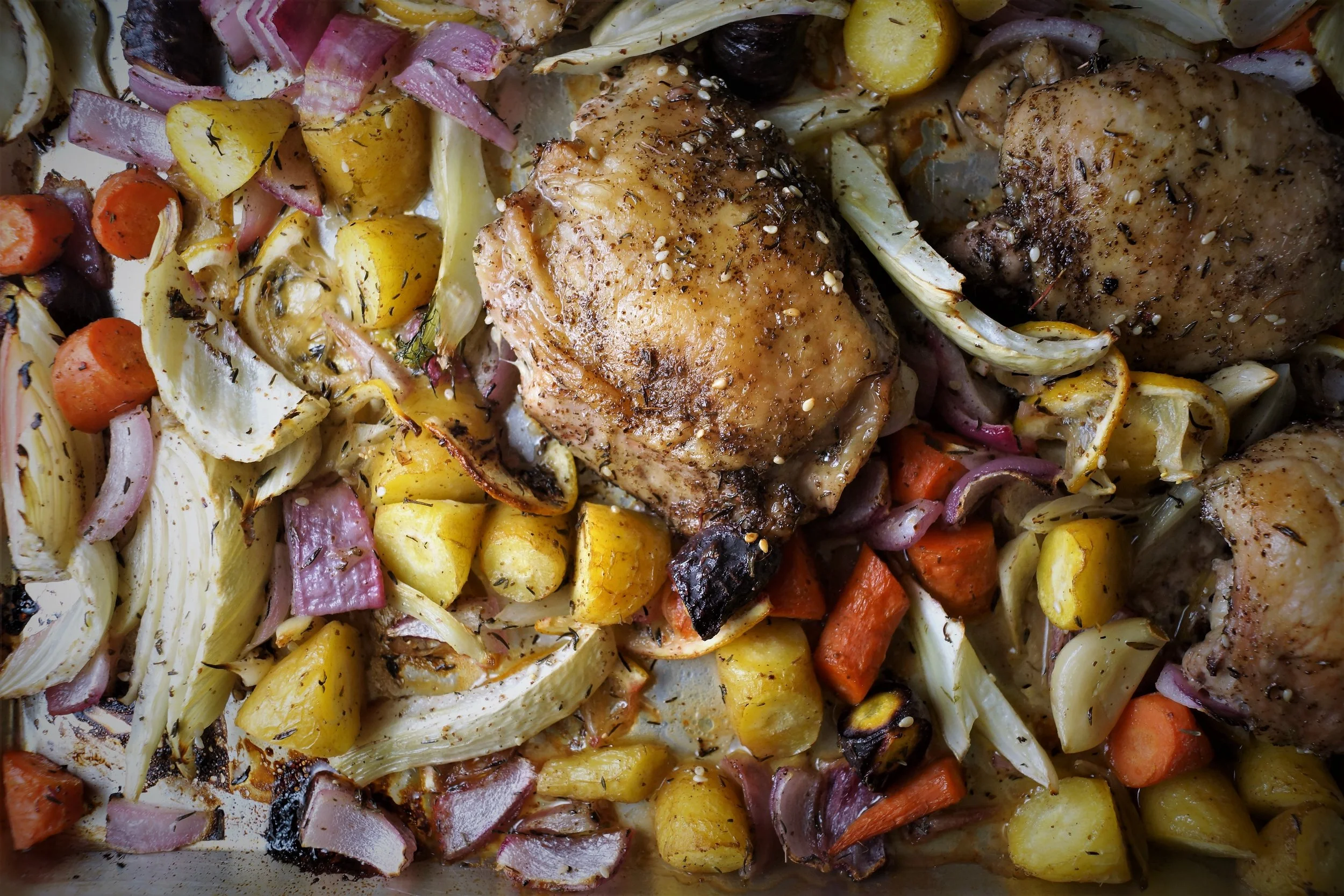1.20.17 Sheet Pan Roasted Chicken and Carrots with Harissa Yogurt Sauce