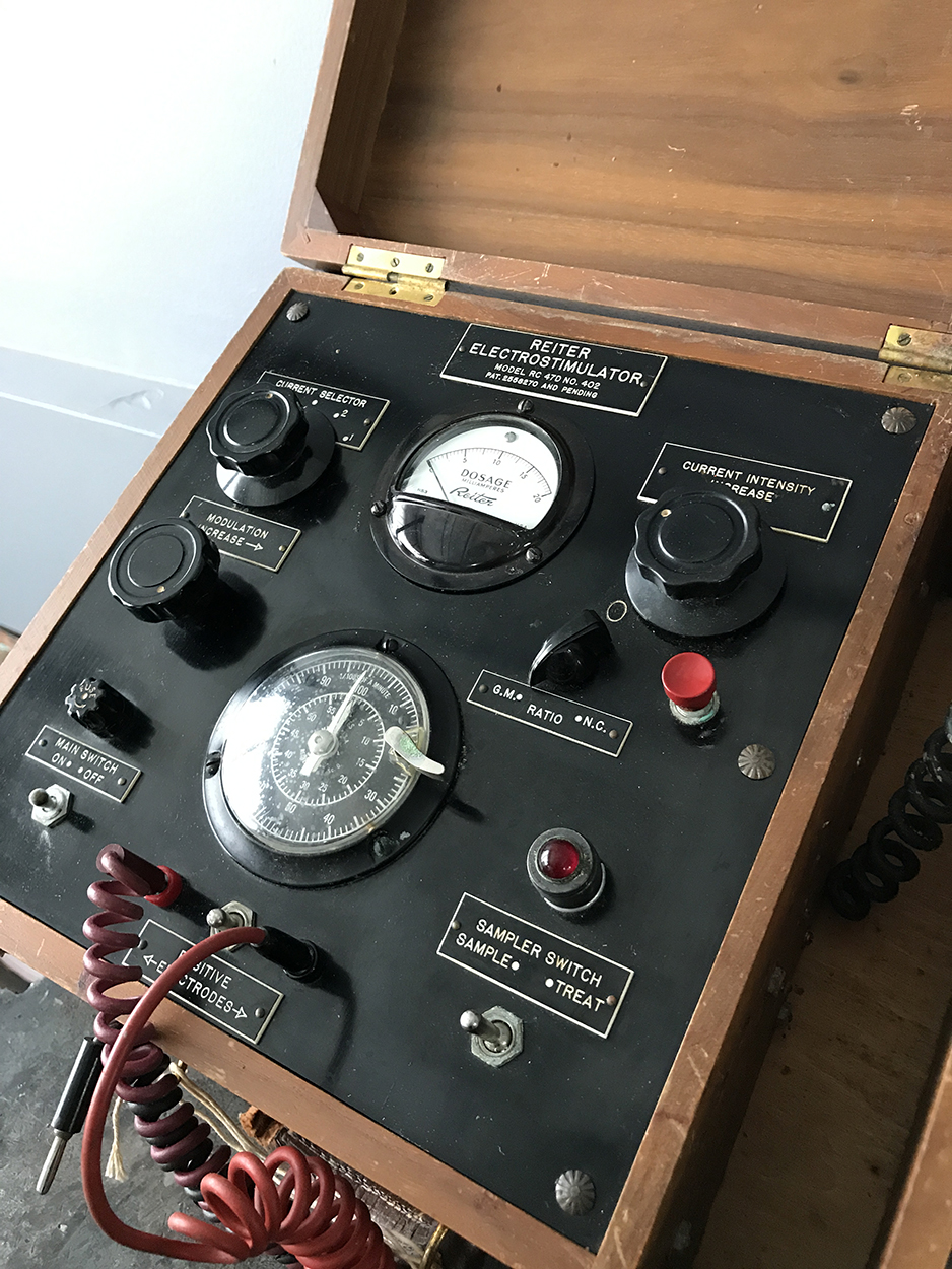 Old electric shock therapy chair and machine at former Kew…