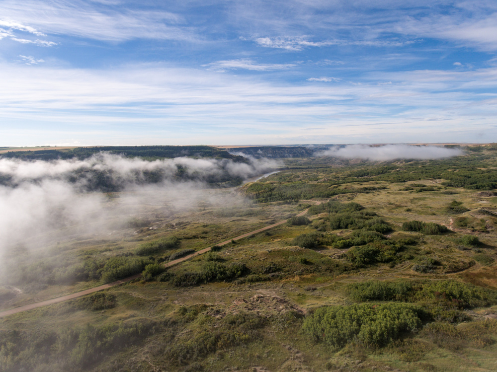 Dry Island Buffalo Jump in the clearing mist