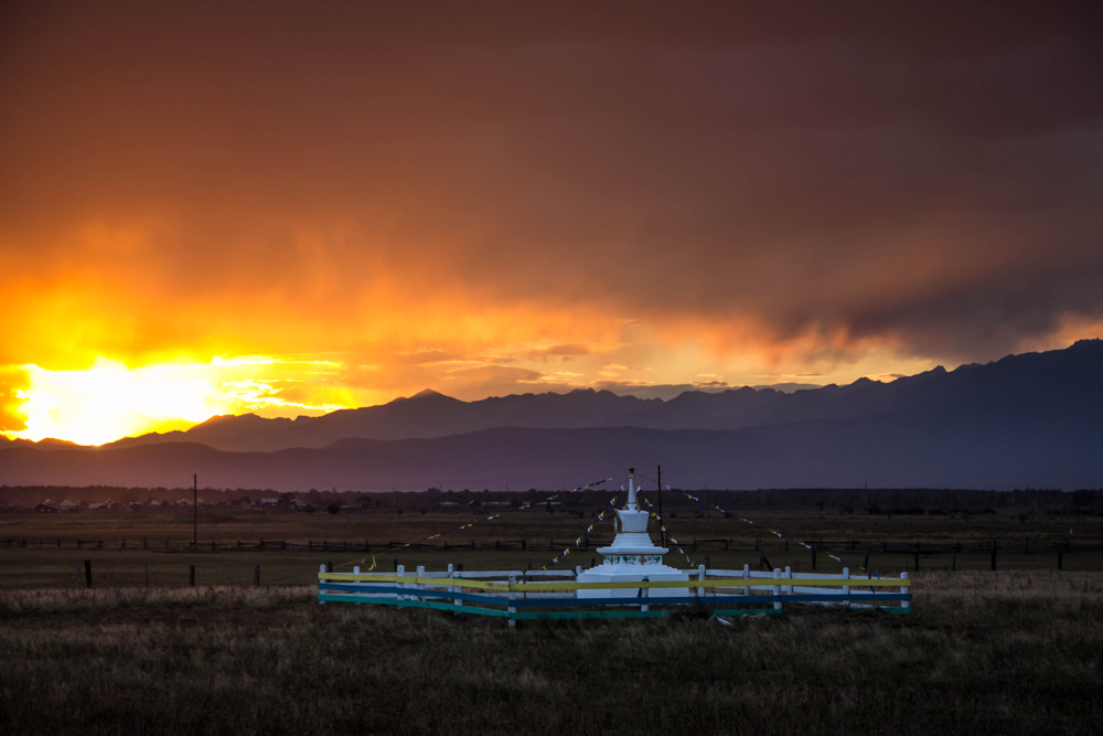 Sunset and Buddhist stupa, Buryatia, Siberia