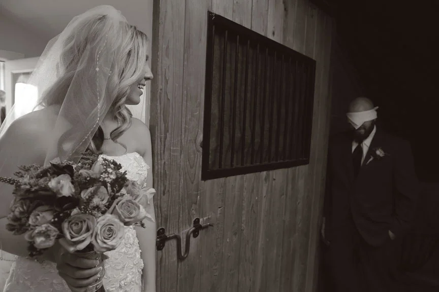 Bluemont Vineyard Bride and Groom No Peak in Black and White Photo