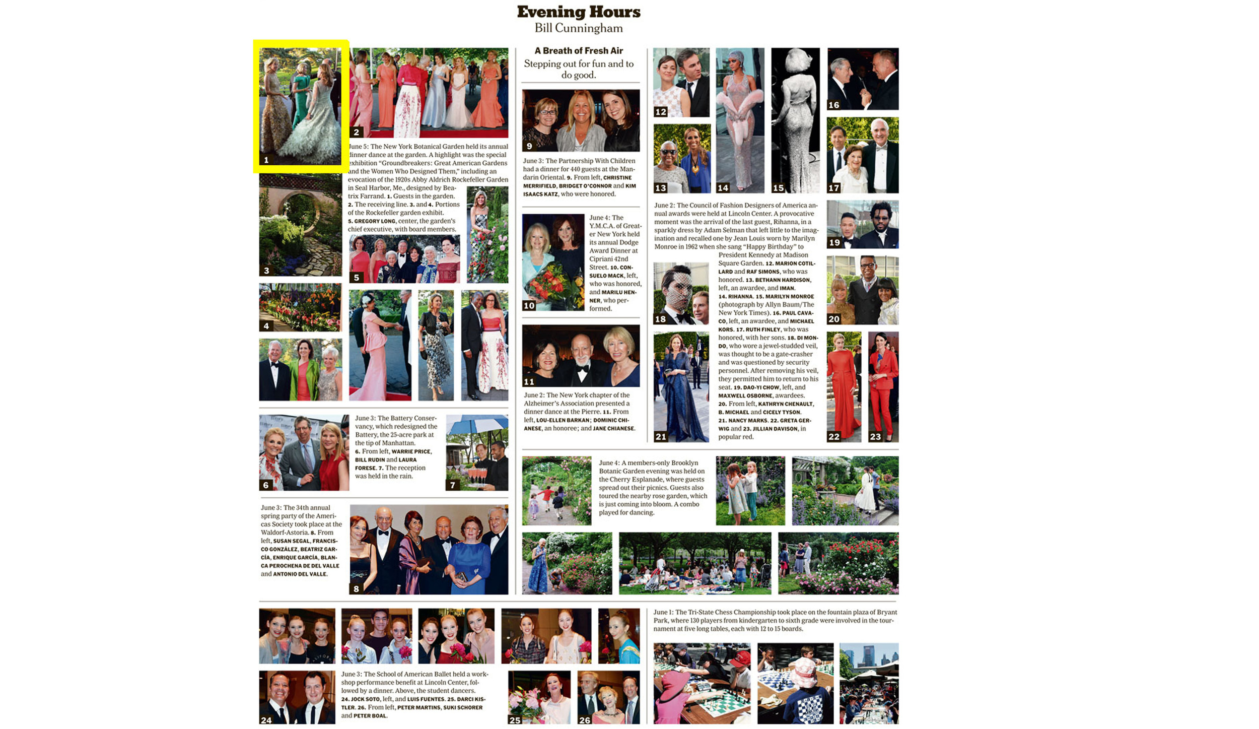  NY Times Sunday Style Section  FA Clients in Gold &amp; Pale Mint Gowns  New York Botanical Garden Gala  June 2014 