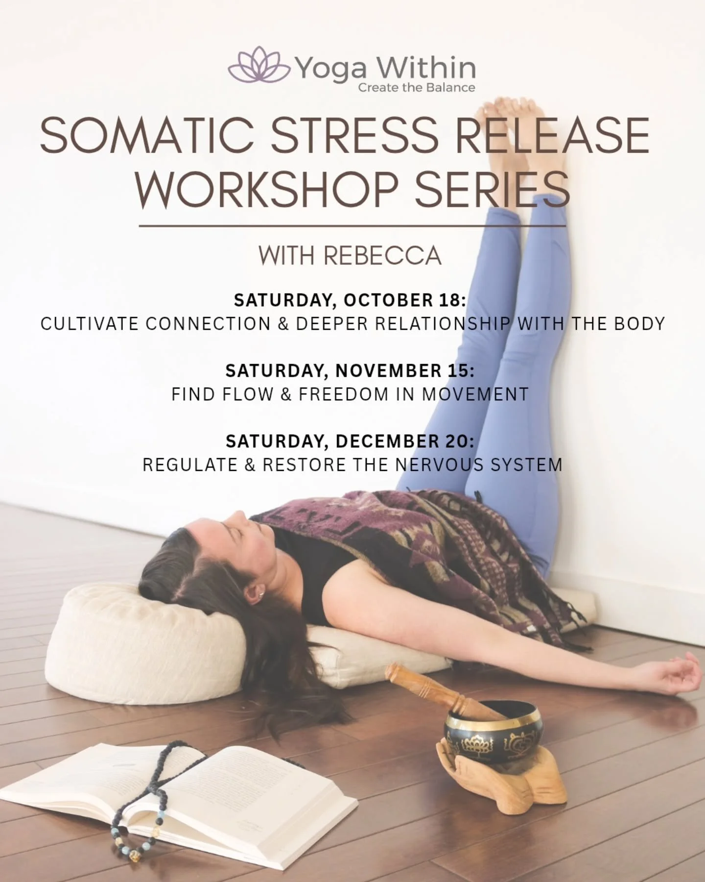 This 3-part workshop series returns with new topics and practices to help you release your stress. 

This series is designed to help you more deeply attune to the body and its needs, explore how to experience ease in movement and how to tend to the b