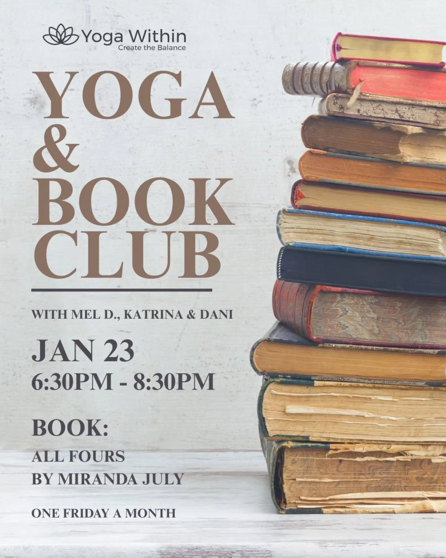 BOOK CLUB coming up Friday night!
Whether you're a dedicated yogi, a passionate reader, or simply someone looking for meaningful connection, this club is a chance to slow down, connect deeply, and grow in community.

Didn't finish this months book? N