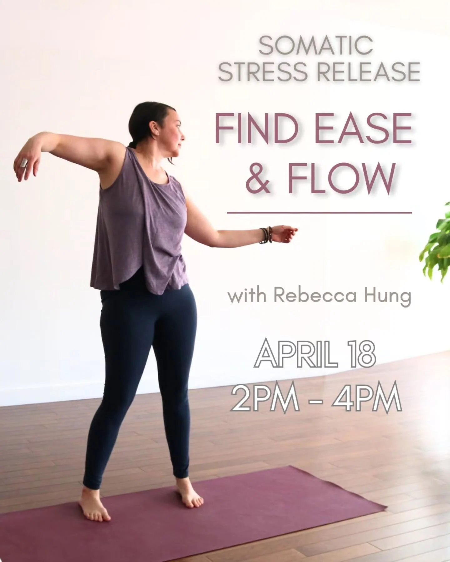 Join Rebecca in the next session of our Somatic Stress Release Workshop Series: FIND EASE &amp; FLOW

Tend to stress and tension that surfaces in the body through fascia release, yoga asana, organic movement and guided meditation practices. We will e