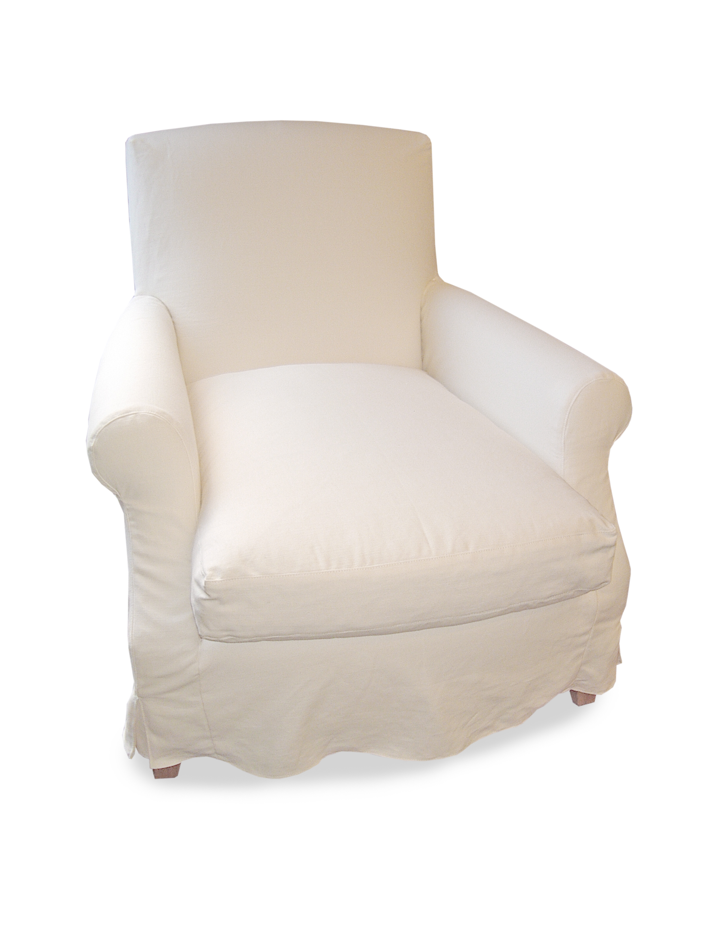  Lounge armchair&nbsp;with square tapering legs&nbsp;with&nbsp; loose cover in white top-stitched linen with kick pleats, feather/down cushion 