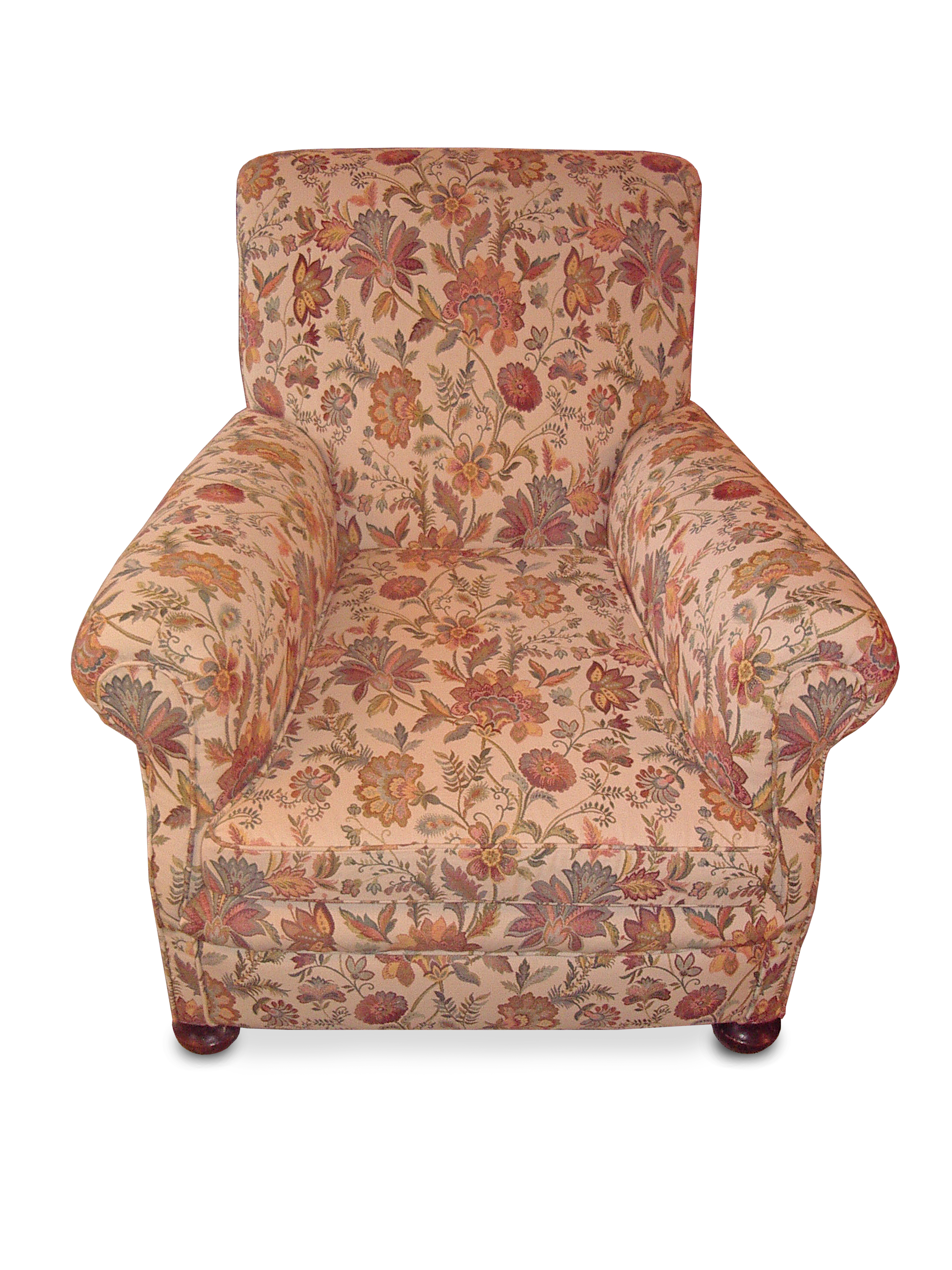  Classic armchair in striking flower pattern fabric&nbsp;running throughout&nbsp;the chair, stitched facing arms and feather/down cushion with bun feet 