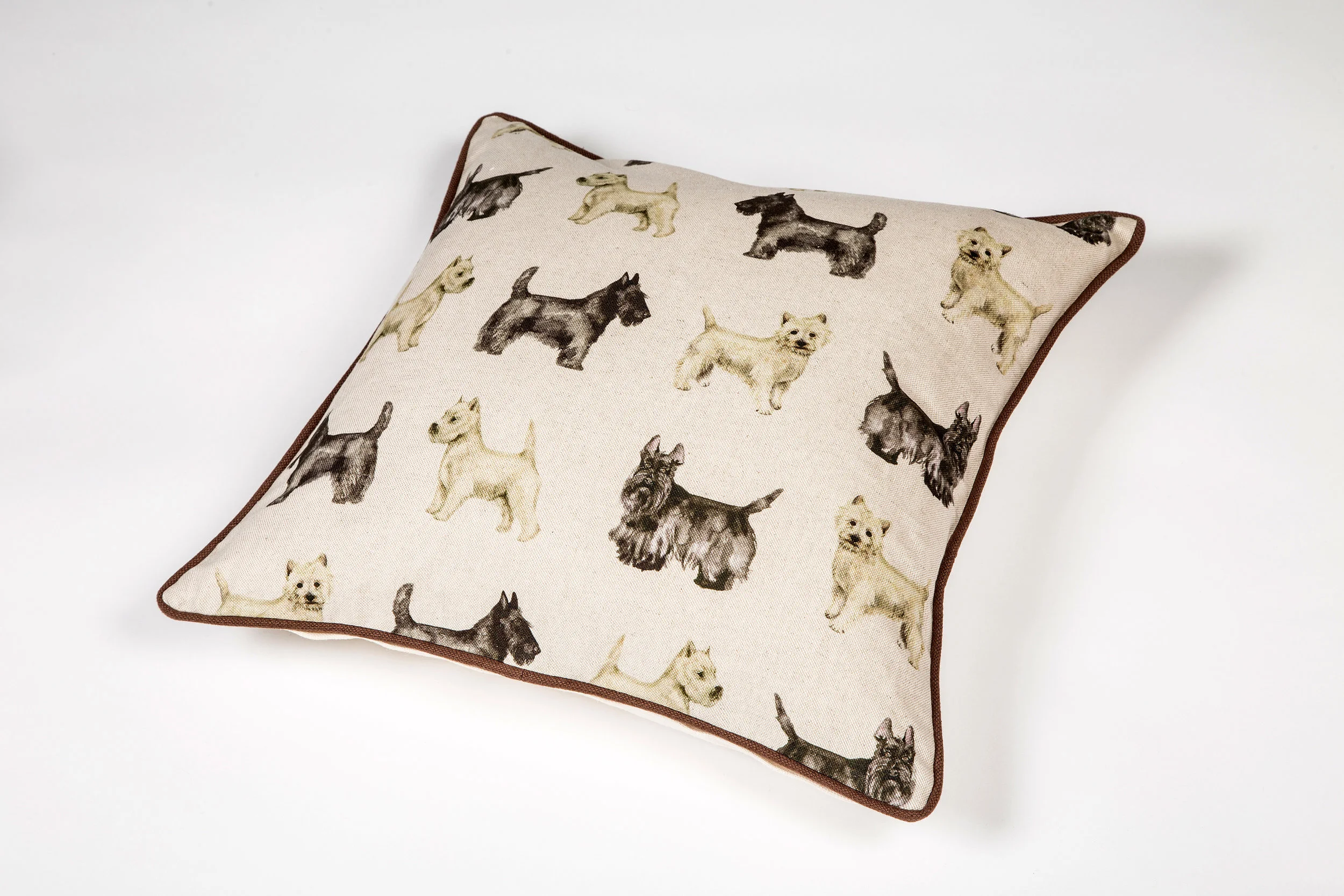 LARGE Scotty and Westie Dog 18" x 18" piped Cushion with ivory linen back