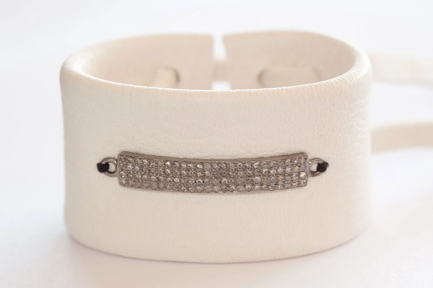White Leather Cuff with Raw Diamonds