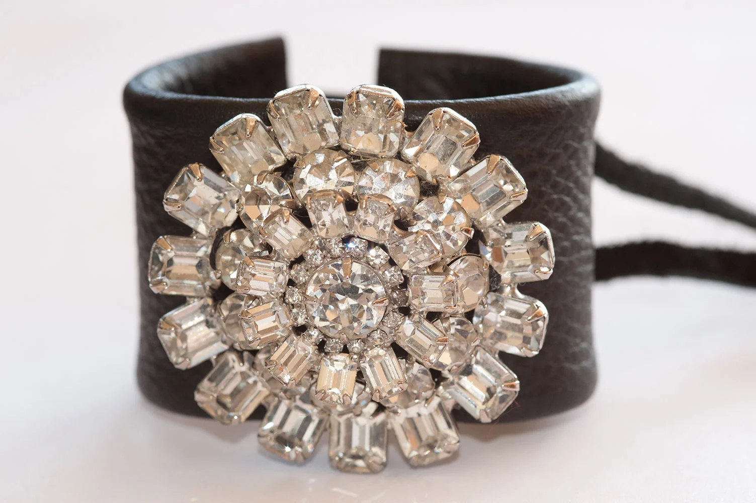 Black Leather Cuff with Large Broach