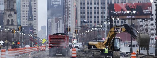 Construction on the M-1 rail project in Detroit's downtown.
