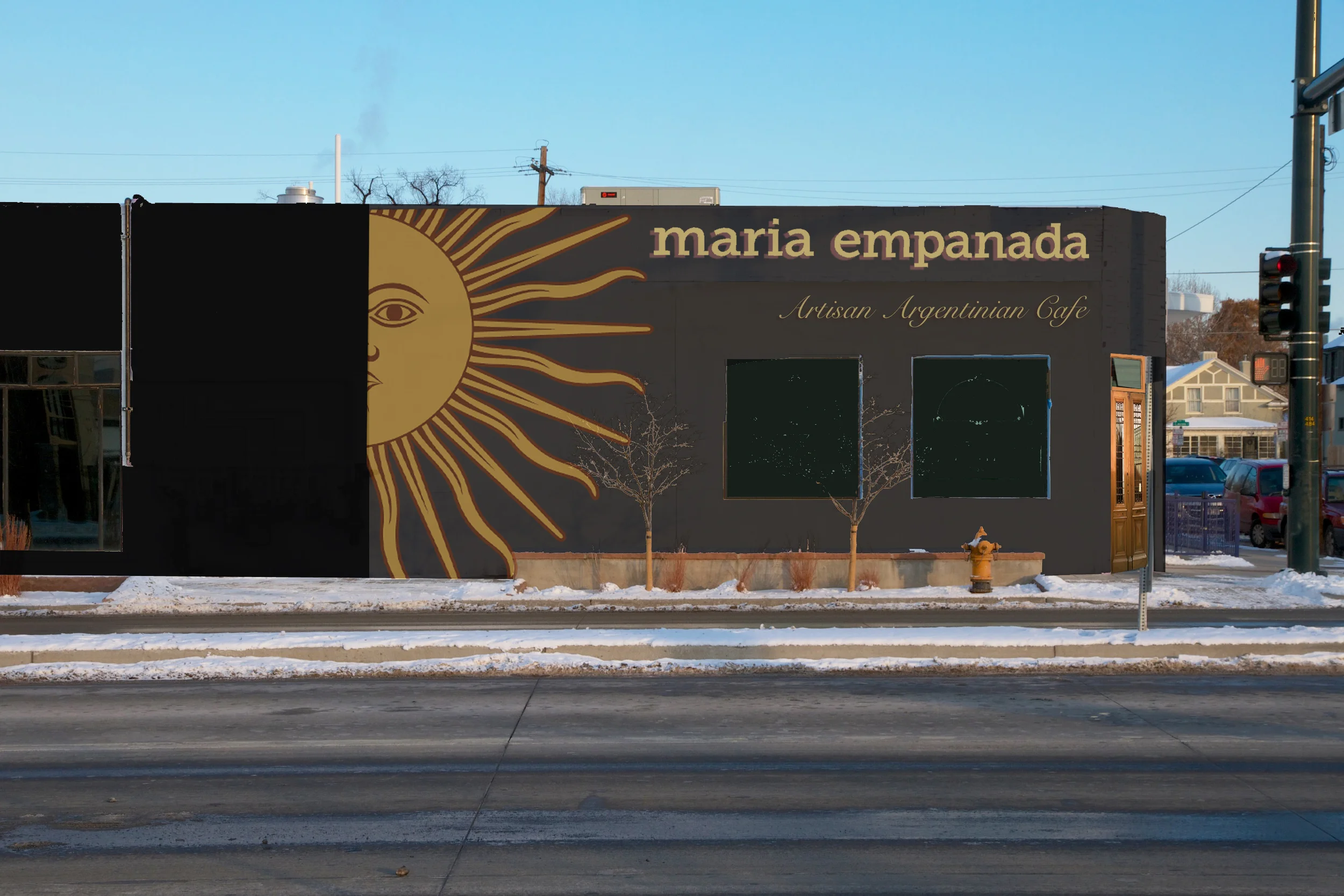 Photoshop montage to explore color options, a mural, and signage placement.