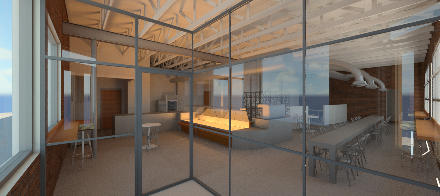 Virtual 3D rendering focusing on the display case placement in relationship to the entry.