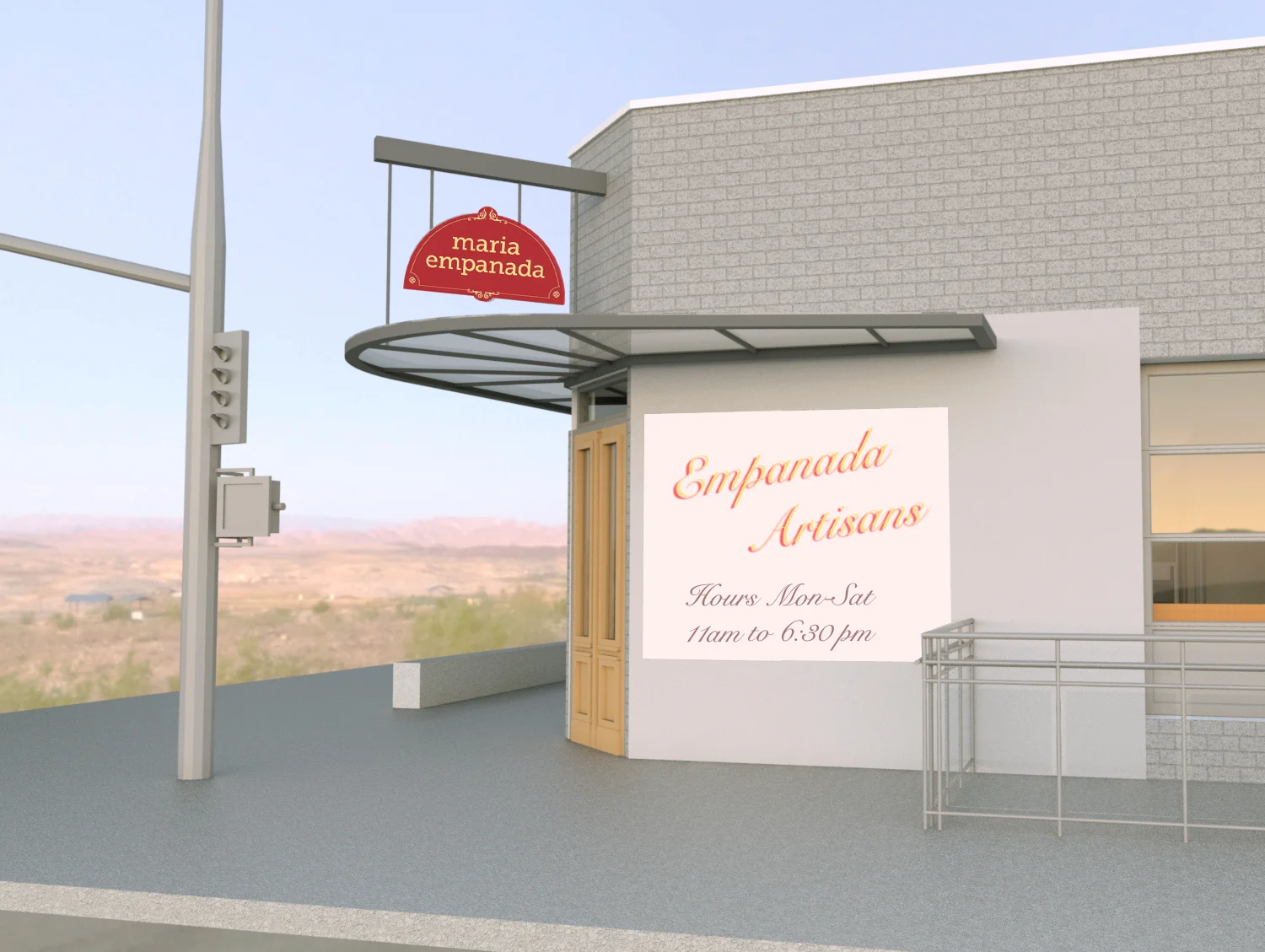 Exterior 3D closeup rendering showing a new door, steel entry canopy and hanging signage configuration.