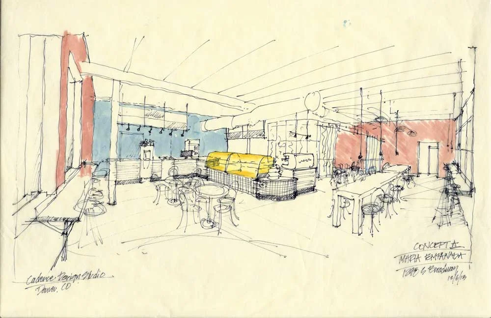 Concept sketch from the front door as you step inside Maria Empanada. Copyright 2013 Cadence Design Studio