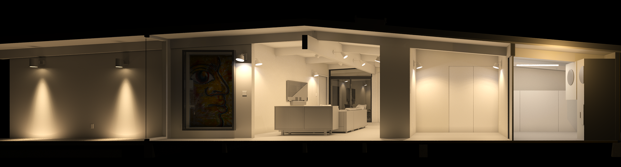Early lighting study with wall mounted fixtures. Note that the painting will have it's own dedicated light!
