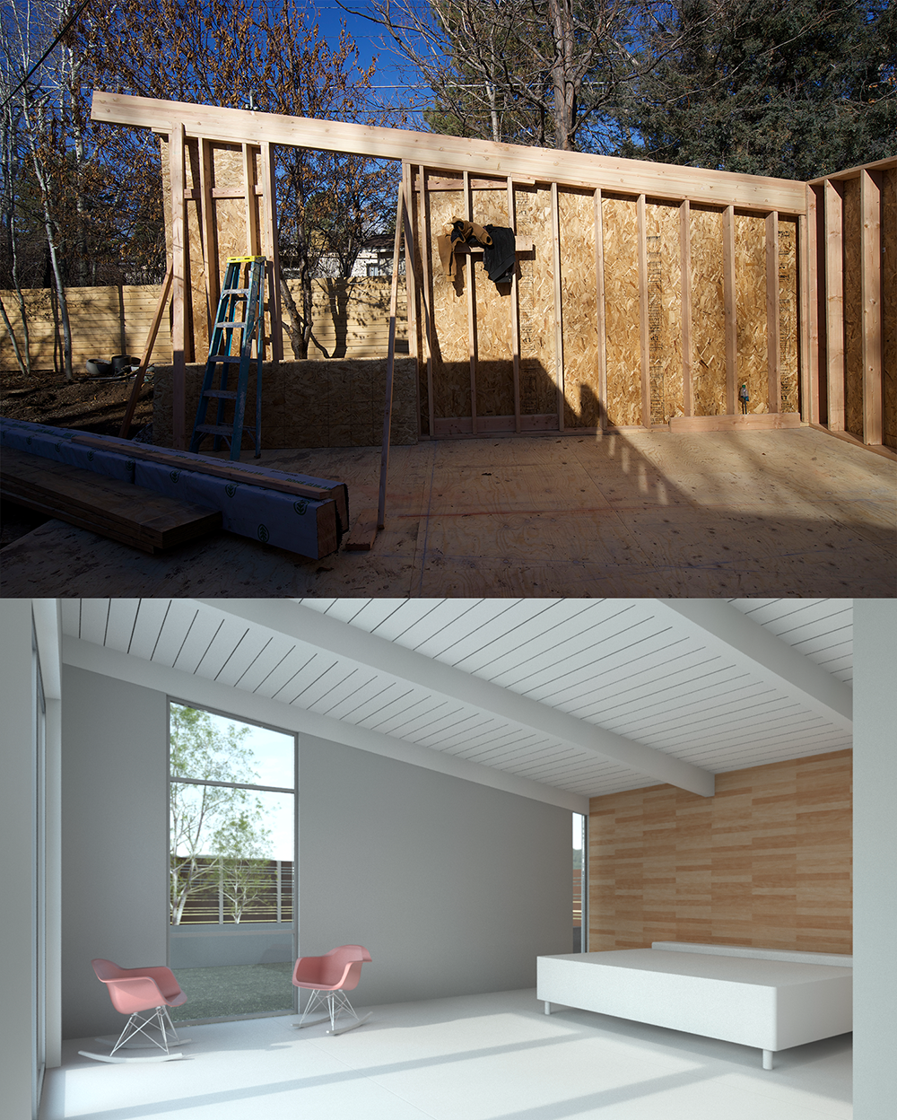 Current construction above with the rendering of the master bedroom below.