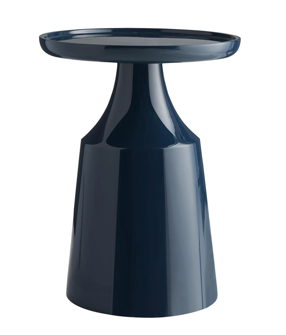   ^  I changed my mind. The Turin Side Table is my all time favorite. Made of fiberglass with navy blue lacquer, it measures 24”H x 18” Diam. $1,235 from  Arteriors . 