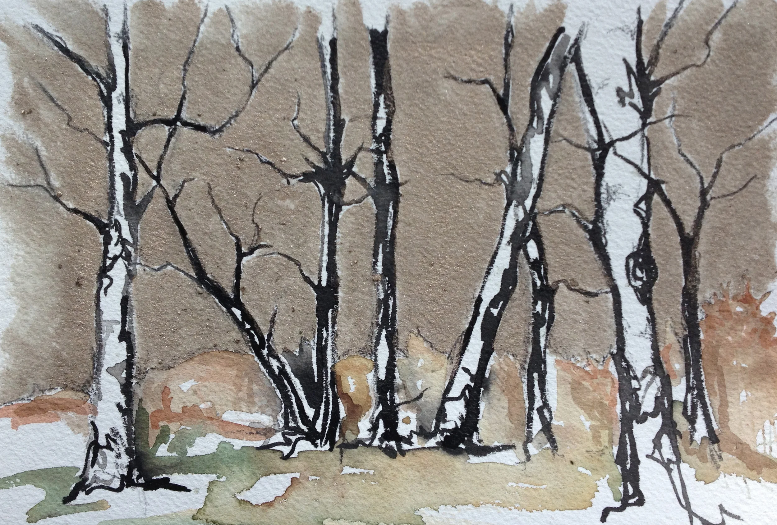 watercolor, ink and gold paint on paper 5x7in