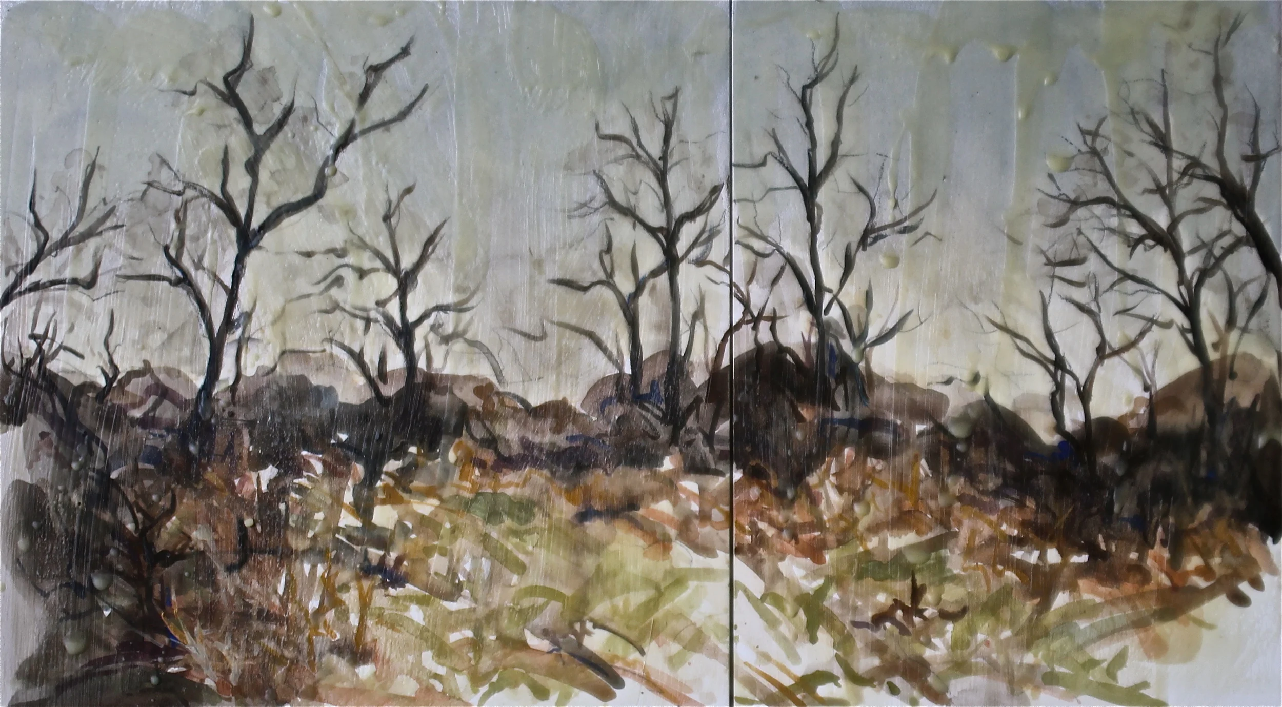  watercolor, silver paint and wax on aquabord, 12x20in diptych 