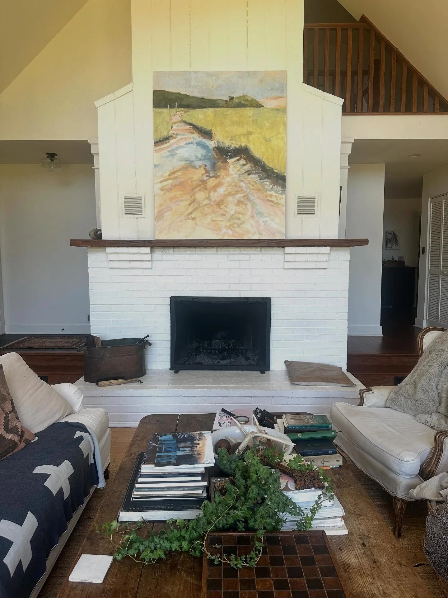 I am missing the marshy shore in these warm September days whether the Cape Ann coast or down south. I painted myself a vertical version of this favorite place for above our fireplace. The horizontal version is available. Both 48 x 60 in. Oil on canv