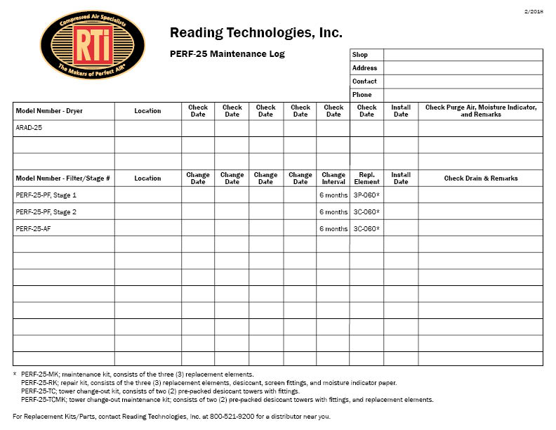 Filter/Dryer Maint. Log PERF-25