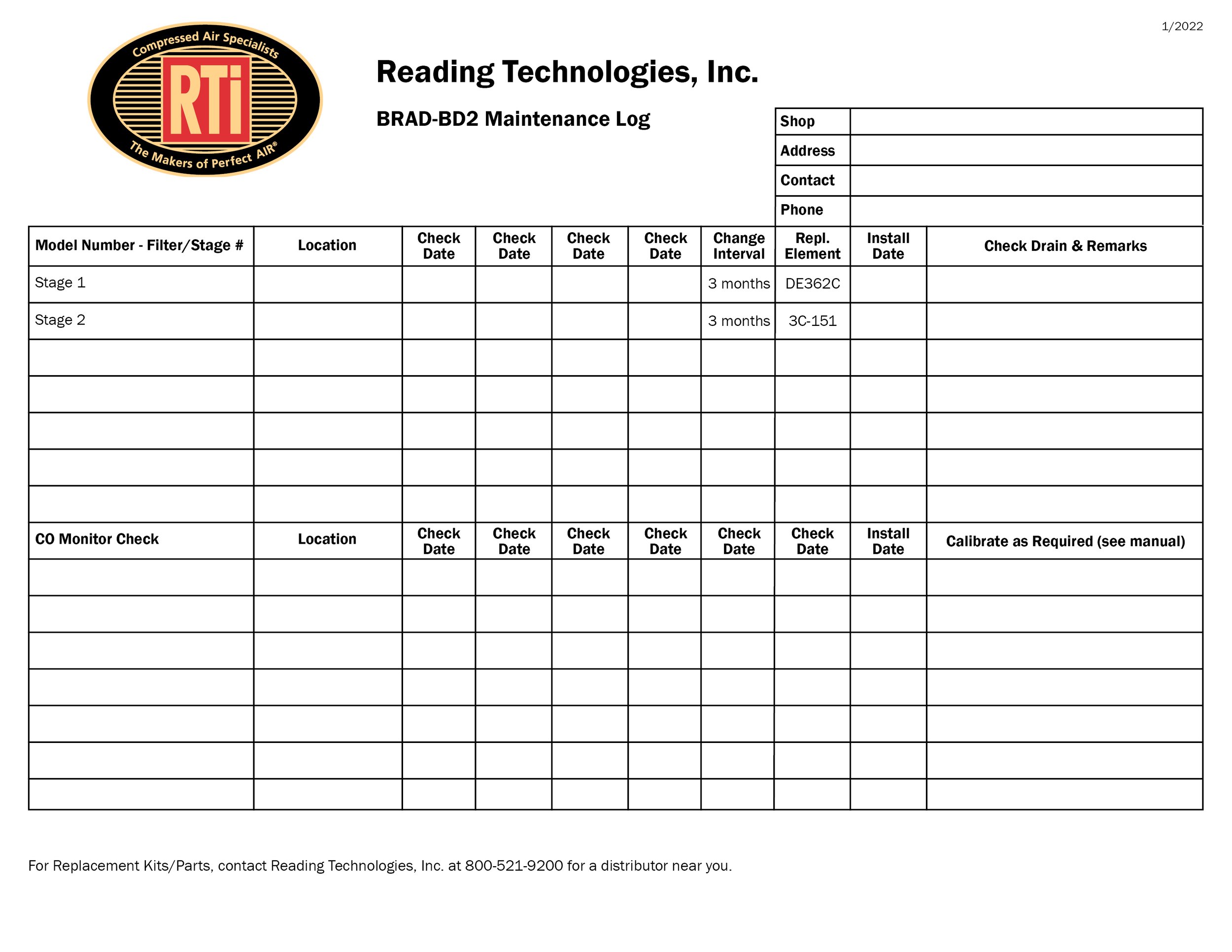 Filter/Dryer Maint. Log BRAD-BD2