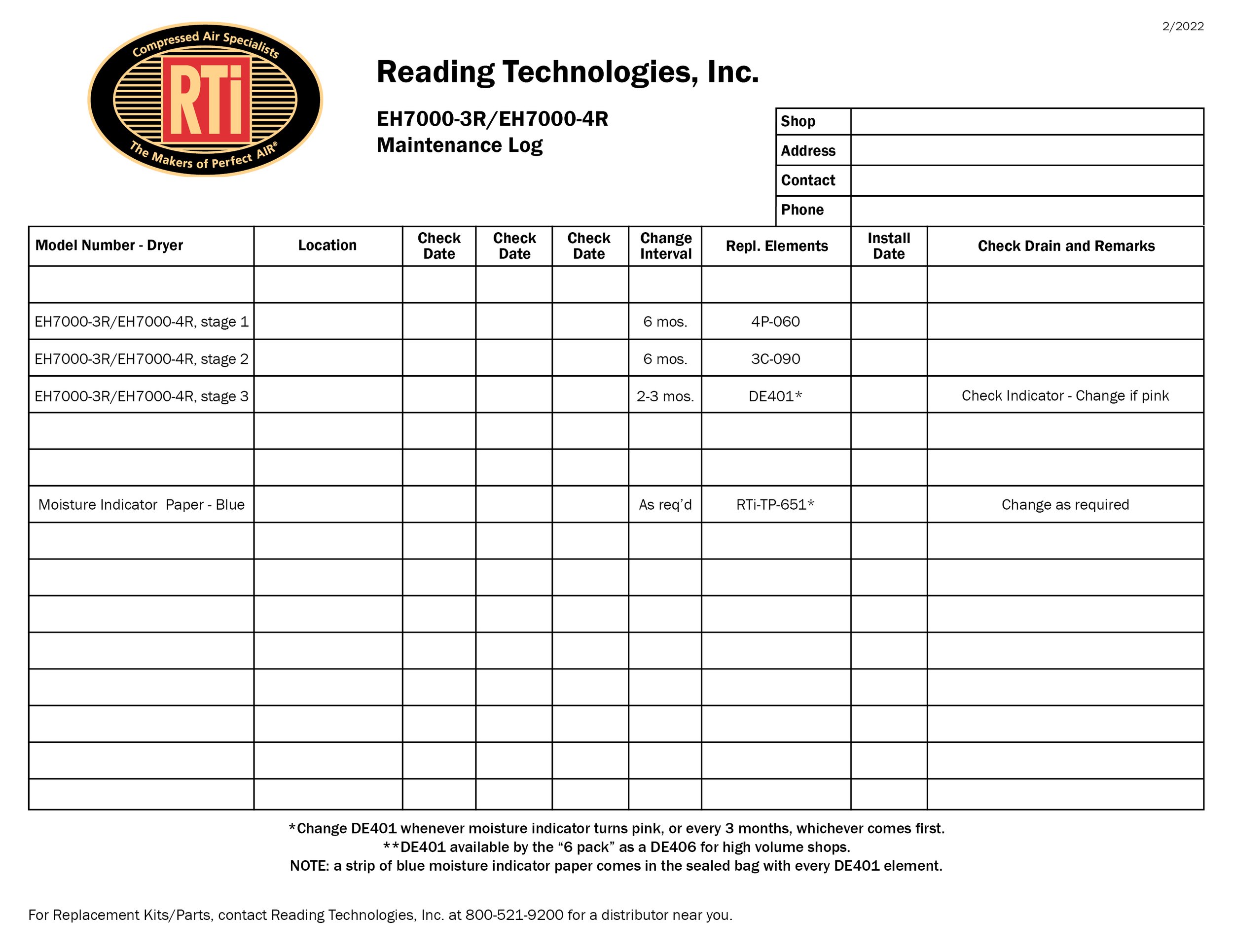 Filter/Dryer Maint. Log EH7000-3R/EH7000-4R