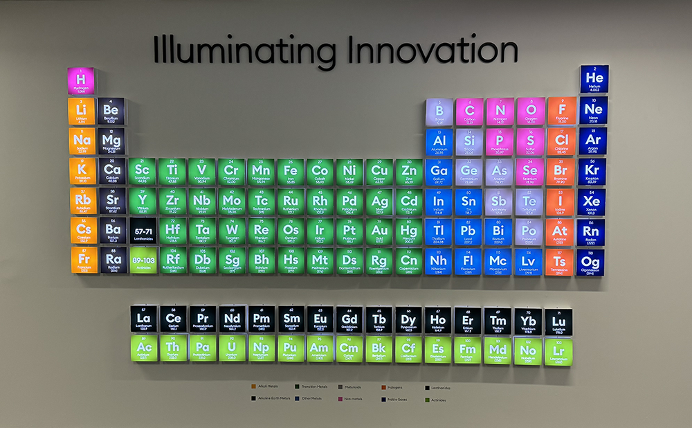  Illuminated vinyl installation of the periodic table displayed in a variety of bright colors 