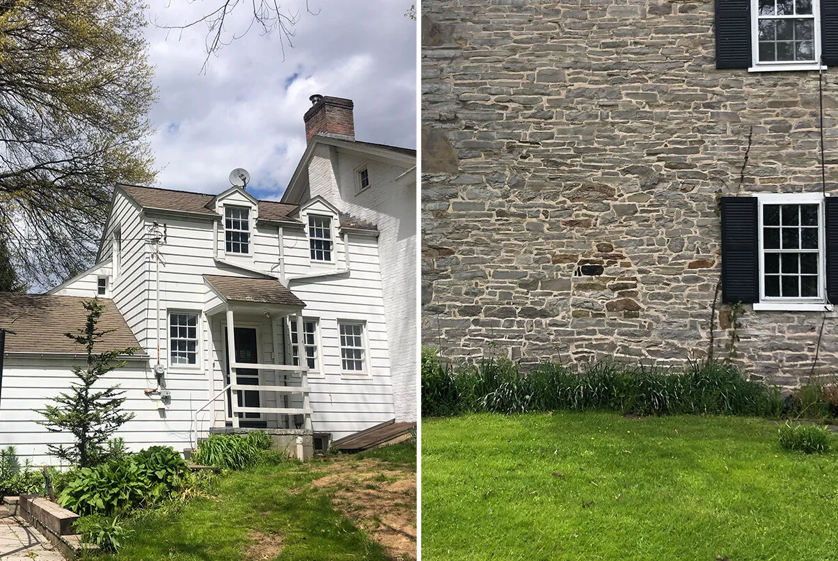  Left—Wall dormers breaking the roofline similar to the Muncy Farms Main House; Right—A stone patch on the side of the house. 