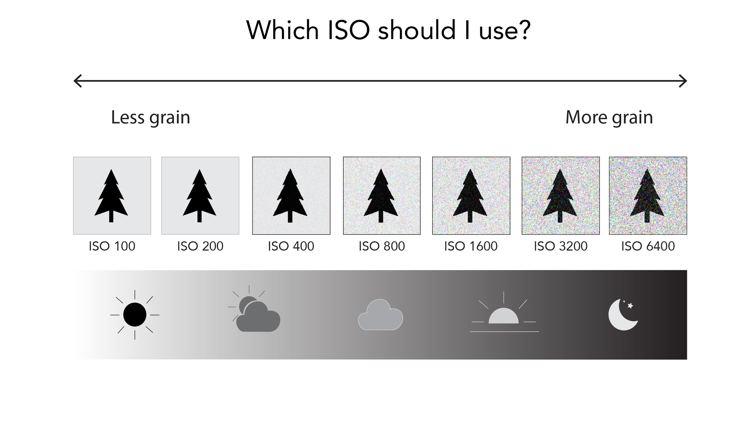 Please note this diagramme is for illustrative purposes and does not represent the actual amount of the grain/noise per setting, that will vary based on different digital cameras models.