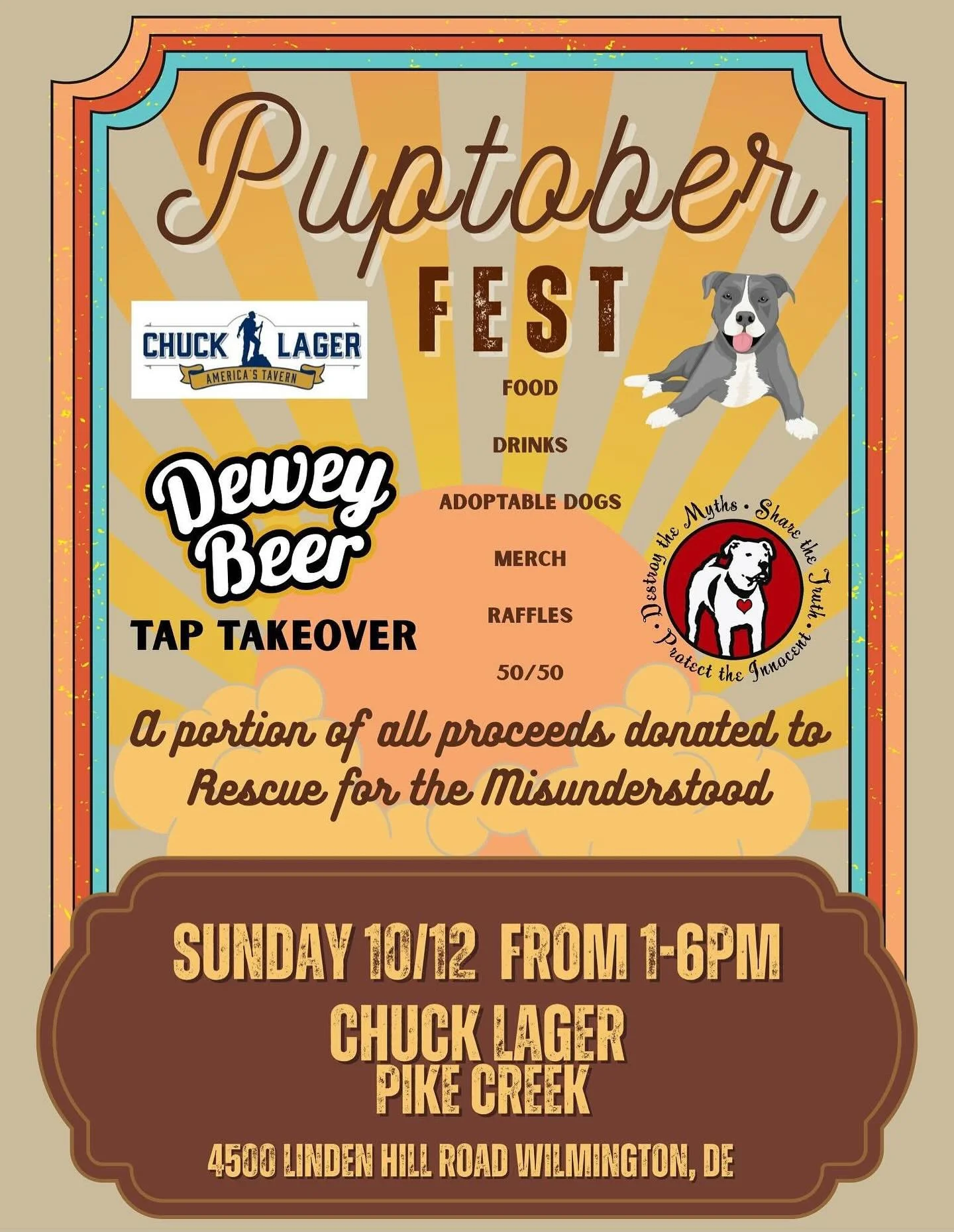 🎃🐾 Puptober Fest is coming 🐾🎃

Join us on Sunday, October 12th from 1&ndash;6pm at Chuck Lager&rsquo;s Kitchen and Taphouse in Pike Creek for an afternoon of fall fun that supports the pups of Rescue for the Misunderstood!

🍂 Here&rsquo;s what&r