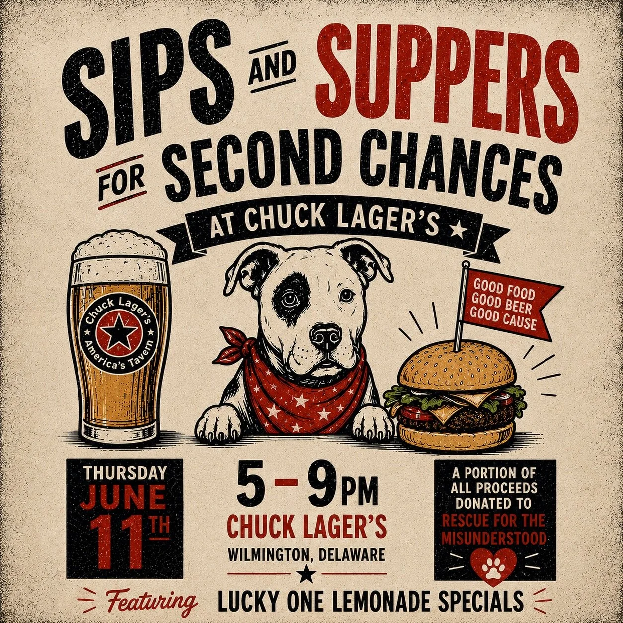 🍔🍺 Sips and Suppers for Second Chances

Join us at @chucklagerlegendarykitchen in Wilmington, Delaware for a night of good food, cold beer, and big hearts - all in support for the dogs of Rescue for the Misunderstood.

A portion of all proceeds fro
