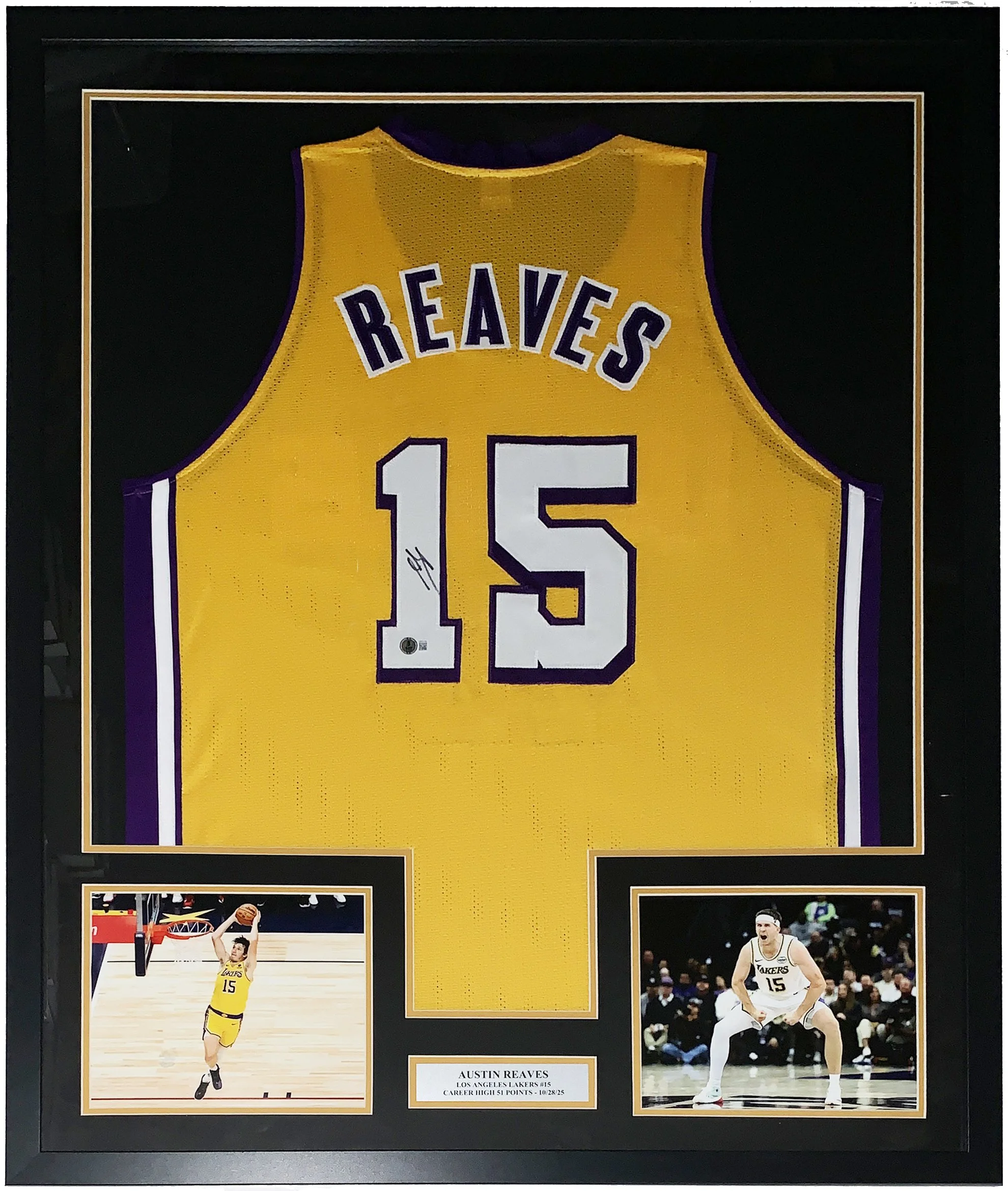 Austin Reeves Signed Los Angeles Lakers Jersey and Career High Photo - Beckett BAS COA Authenticated - Professionally Framed and Plate 34x42